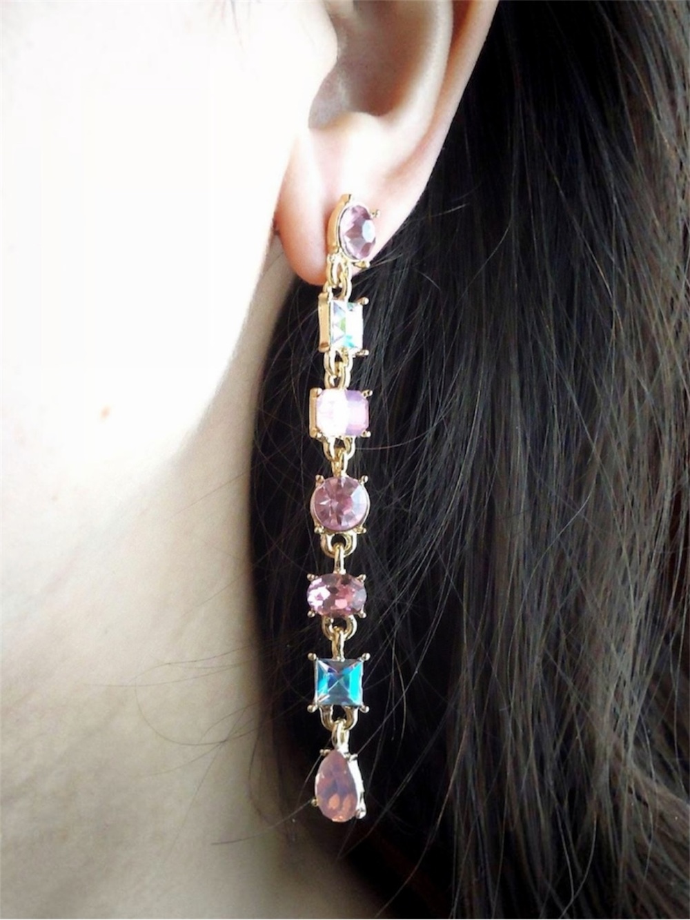 Long Crystal Women’s Dangle Drop Earrings Multi Color Pink Rhinestone Ombré - Picture 4 of 4